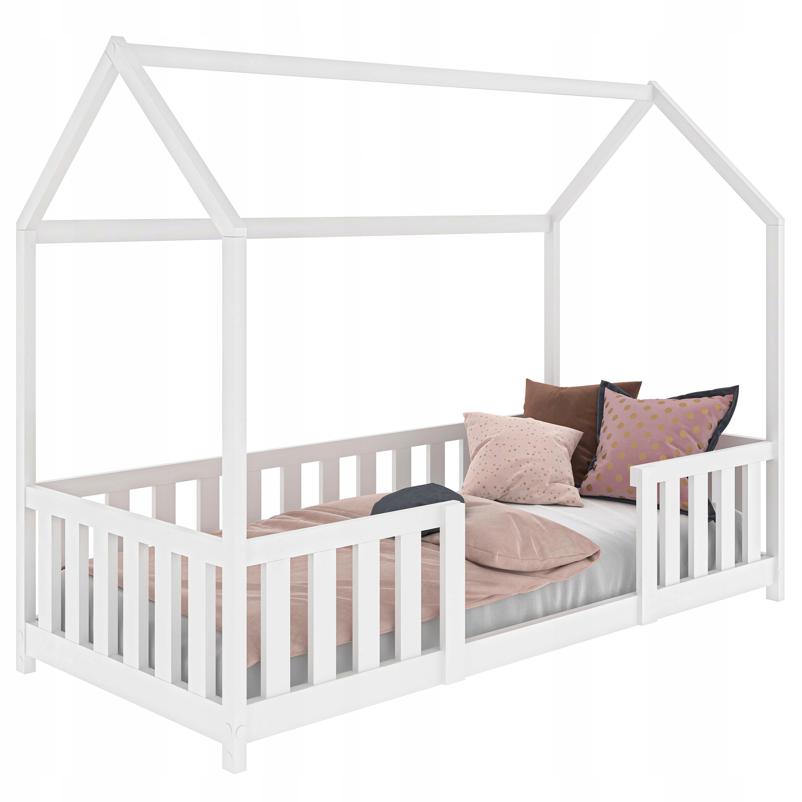ŁÓŻKO DZIECIĘCE DOMEK 80x160 BIAŁY D8 + STELAŻ + BARIERKI PŁOTEK