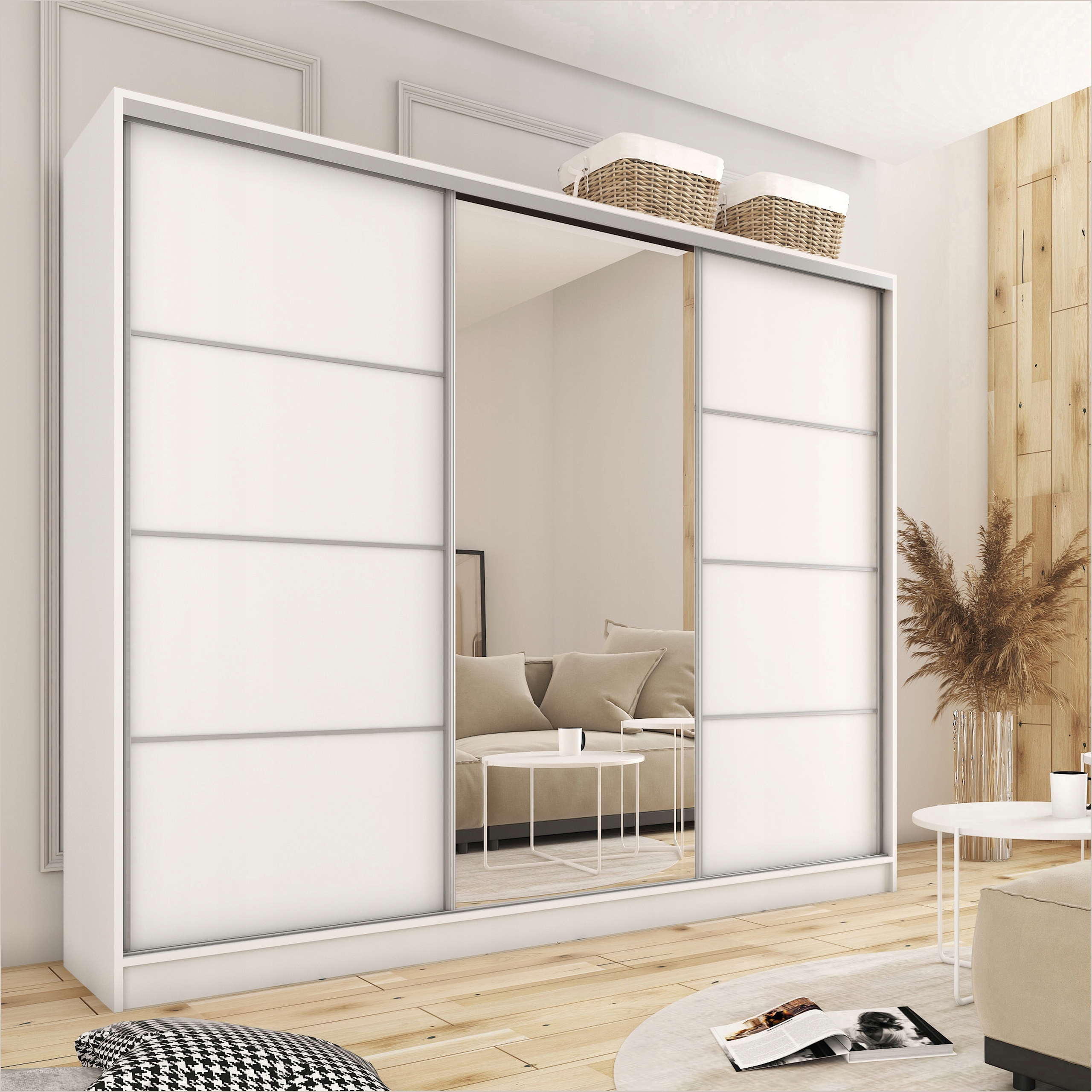 Szafa przesuwna z lustrem TOP 250 cm biała z półkami szuflady drążki Kod producenta BROMARKT_5903736005965